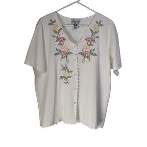 VTG Women's SZ LG Graff Knit Scalloped Pearl Button Top Blouse Floral Grandma